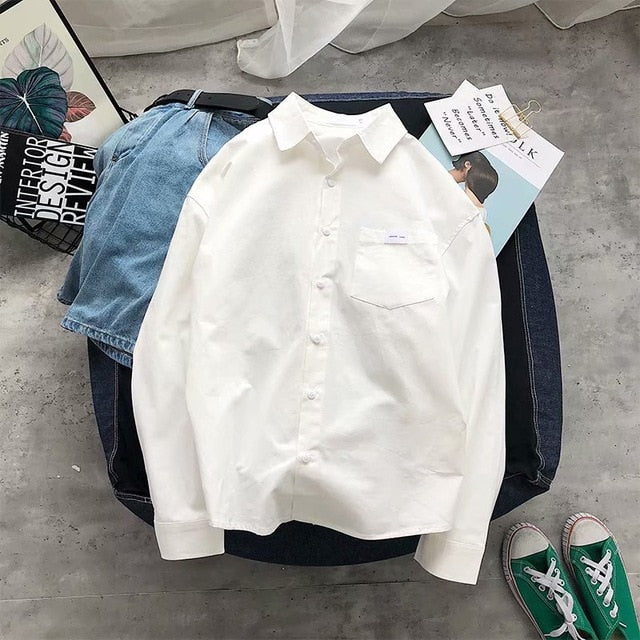 Shirts Men Solid Simple Long Sleeve All Match Chic Thin Mens Korean Style Daily Turn-down Collar Single Breasted Pocket Shirt