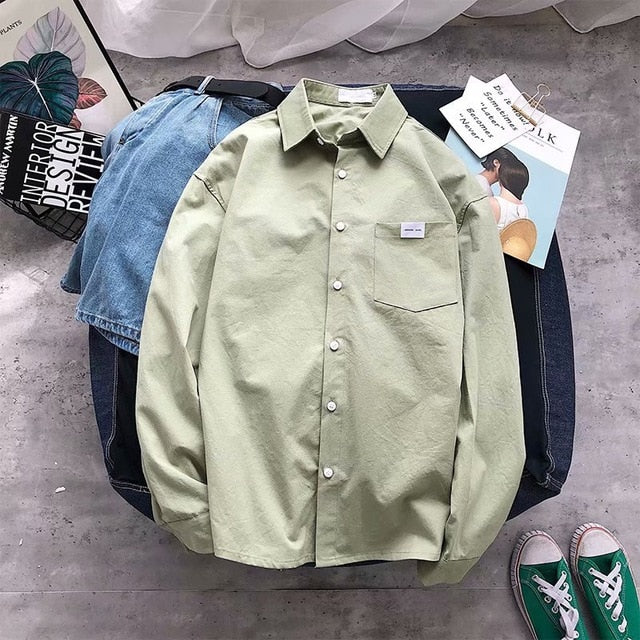 Shirts Men Solid Simple Long Sleeve All Match Chic Thin Mens Korean Style Daily Turn-down Collar Single Breasted Pocket Shirt
