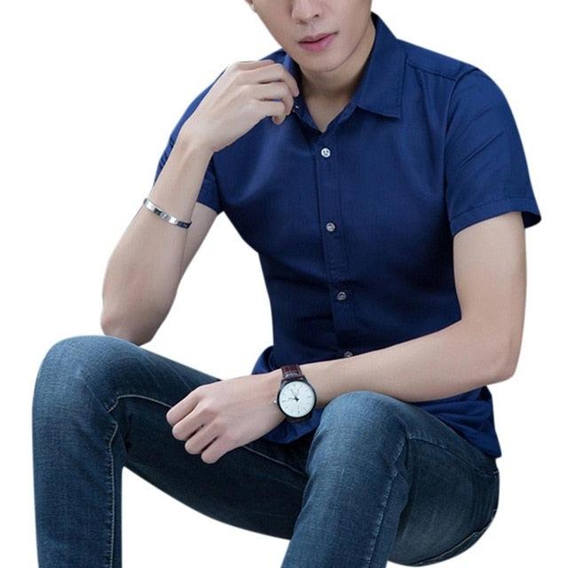 Mens Business Casual Short Sleeve Shirt Classic Solid Male Social Dress Shirts Fashion Male Buttons Work Wear Shirt Summer 2019