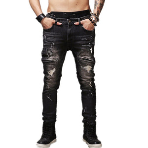 Hip Hop Rock Moto Jeans Mens Distressed Ripped Punk Skinny Stretch Denim Biker Jeans Male Straight Black Pants Big Size 42