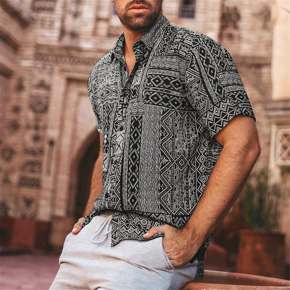 Men's Summer Shirt Fashion Casual Lapel Retro Print Short Sleeve Shirt Top Blouse Fashion Men's Casual Printed Floral