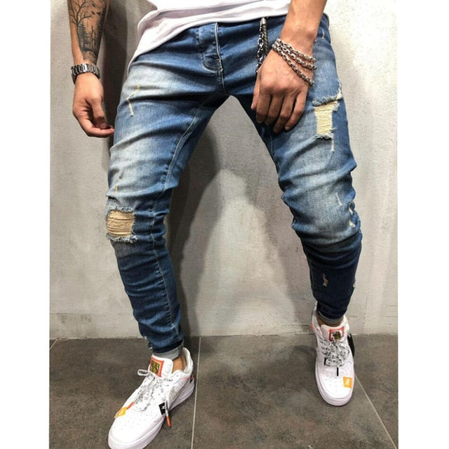 2019 new Men Ripped Distressed Slim Fit Jeans Patches Male streetwear Hip hop broken hole Denim Pants Biker tight trousers 3XL