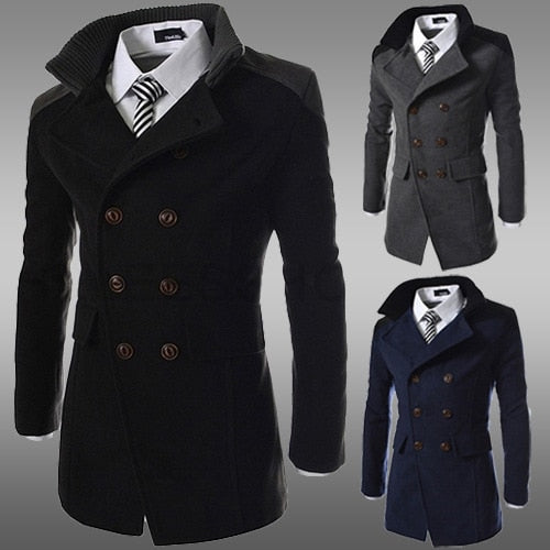 Winter double-breasted trench coat men's coat lapel double-sided tweed coat men's long tweed coat men's coat coat black tweed