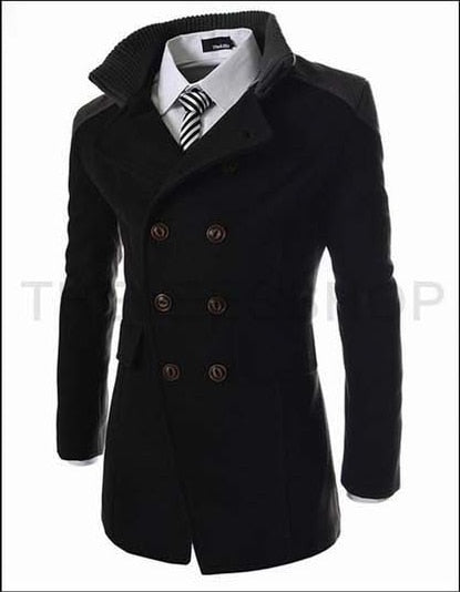 Winter double-breasted trench coat men's coat lapel double-sided tweed coat men's long tweed coat men's coat coat black tweed