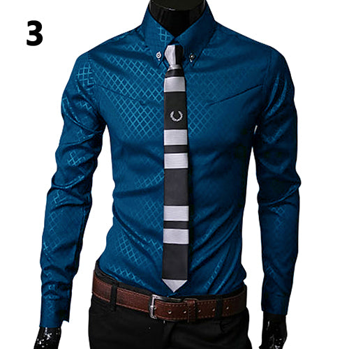 Fashion Men Argyle Luxury Business Style Slim Fit Long Sleeve Casual Dress Shirt