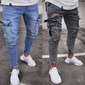 Men denim pants ripped hole Jeans Fashion Hip hop Skinny pencil Jeans For Men stretch patchwork pocket cargo pants jeans men