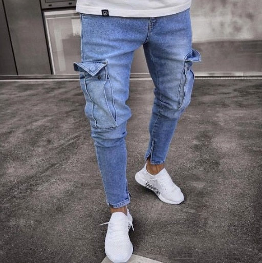 Men denim pants ripped hole Jeans Fashion Hip hop Skinny pencil Jeans For Men stretch patchwork pocket cargo pants jeans men