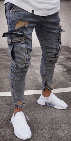 Men denim pants ripped hole Jeans Fashion Hip hop Skinny pencil Jeans For Men stretch patchwork pocket cargo pants jeans men