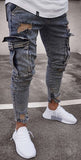 Men denim pants ripped hole Jeans Fashion Hip hop Skinny pencil Jeans For Men stretch patchwork pocket cargo pants jeans men